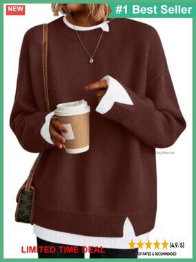 Womens Oversized Color Block Pullover Sweater Mock Layer Crew Neck